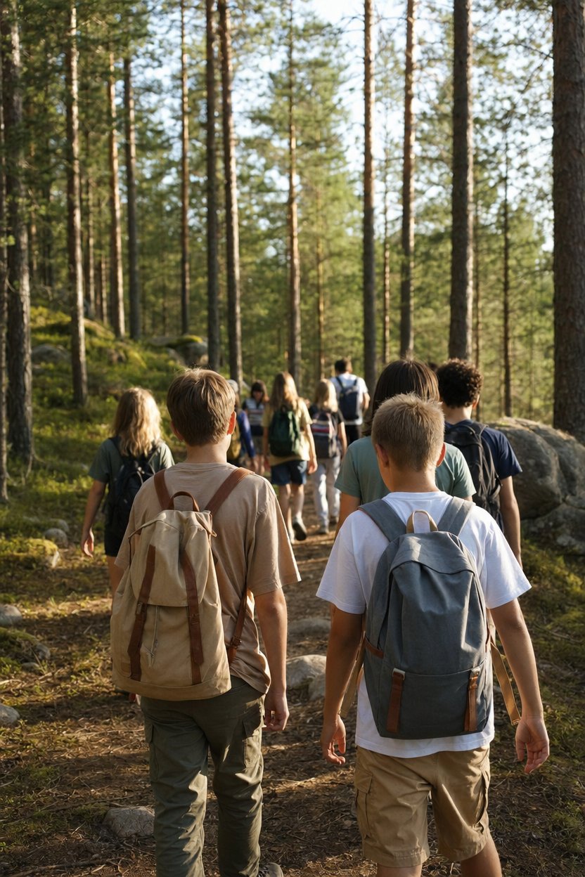 Дети в походе по карельскому лесу